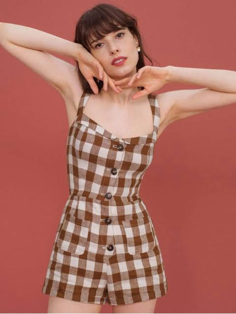 Reformation Gingham Linen Button-Front Romper in Brown & Cream
